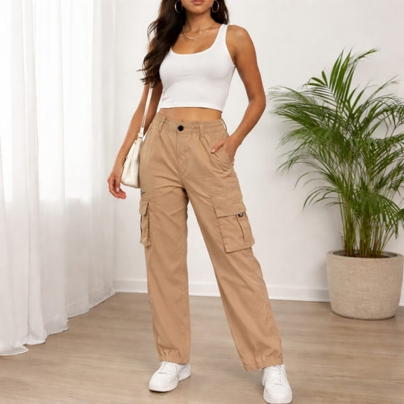 None Pants - Tan Straight Leg Cargo Pants Elastic Waist Utility Pockets Casual Streetwear 31